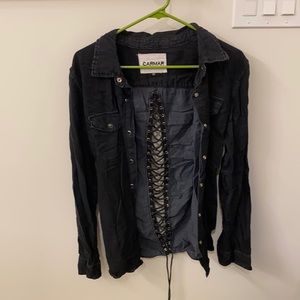 Denim top with lace up back!